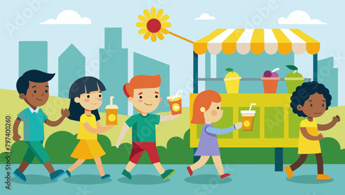 The children strategically position their lemonade stand near a parade route eager to cater to thirsty revelers as they pass by.. Vector illustration