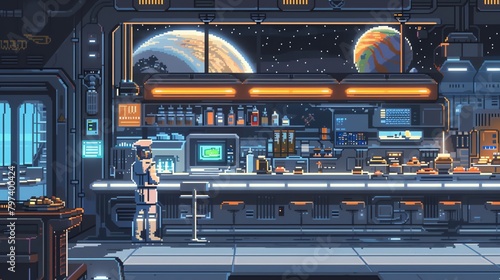 Incorporate elements of pixel art into a dynamic portrayal of Culinary Arts within space exploration Design a captivating scene featuring retro-futuristic space diners, pixelated chefs concocting cosm photo