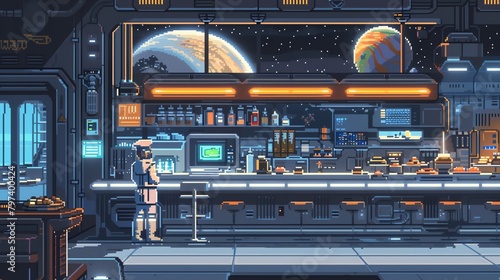 Incorporate elements of pixel art into a dynamic portrayal of Culinary Arts within space exploration Design a captivating scene featuring retro-futuristic space diners, pixelated chefs concocting cosm