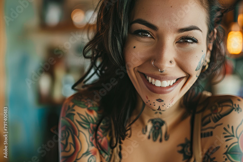 Attractive young woman with tattoos, smiling radiantly photo