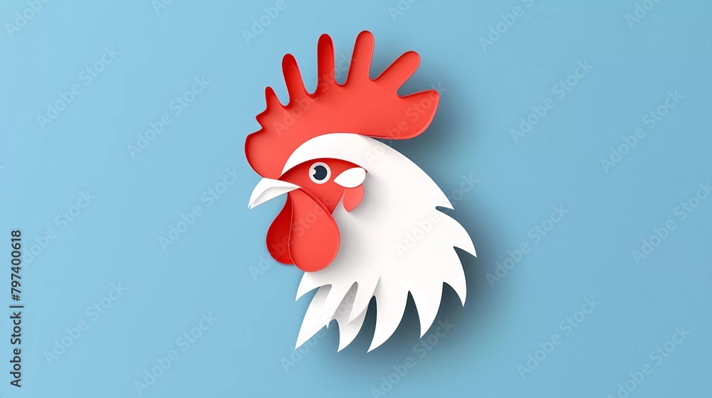 Paper cut Rooster icon isolated on blue background. Paper art style. Vector Illustration - obrazy, fototapety, plakaty 