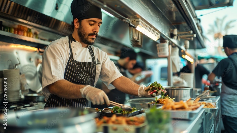 Fusion of flavors: chefs at the chefs table complementing the diverse offerings of a bustling food truck shop,  creating a culinary symphony
