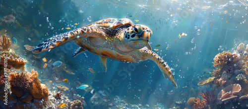 A sea turtle swimming gracefully in the clear blue ocean,. Created with Ai