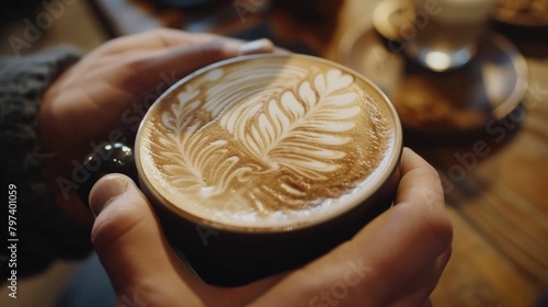 The close up picture of the person is holding the cup of latte art coffee by their own hand inside the room for the relaxation with the coffee that has been draw on the surface with the milk. AIG43.