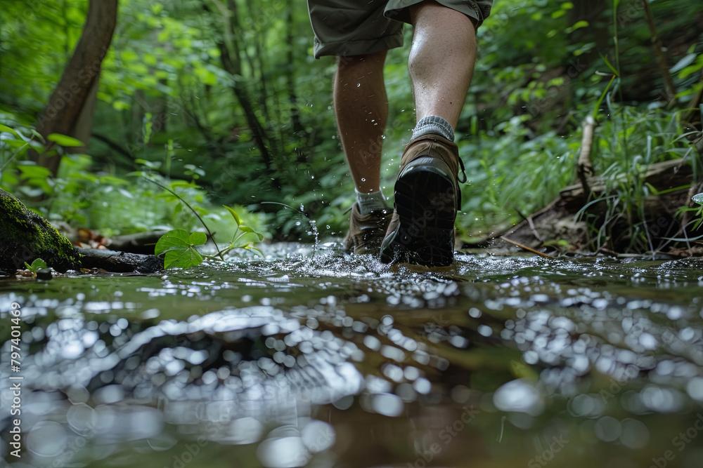 Photograph depicting a man crossing a stream in a natural setting Photograph depicting a man crossing a stream in a natural setting