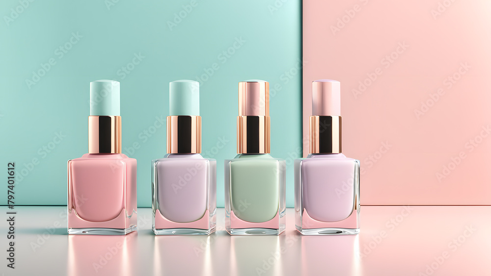 Four bottles of nail polish are lined up on a table Four bottles of nail polish are lined up on a table