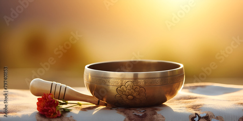 Elevating the senses with Tibetan singing bowls and bells on a lighted background 