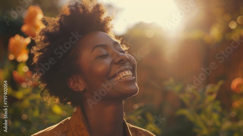 The close up picture of the person is smiling and happy that surrounded with the nature under the bright light from the sun, the feeling of the freshness that surrounded with the green nature. AIG43.