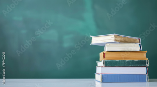 Stack of school textbooks on a white desk with blurred green chalkboard in background, room for copy space