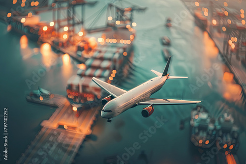 Cargo ship loading containers at export-import dock while freight plane approaches airport, representing transportation and logistics industry