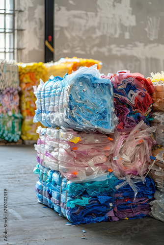 Bundles of plastic materials prepared for the recycling process photo