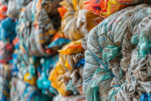 Bundles of plastic materials prepared for the recycling process photo