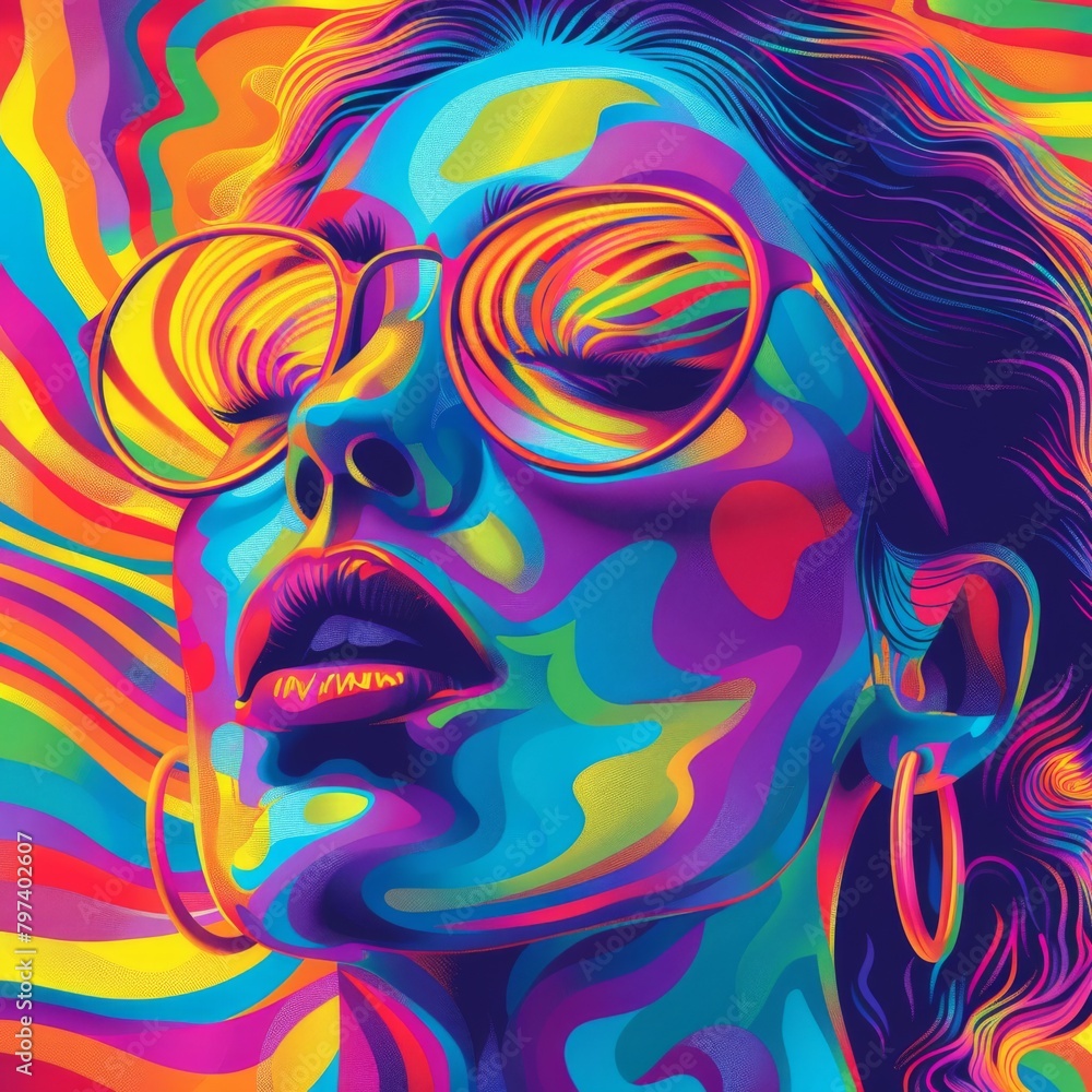 A mesmerizing digital portrait of a woman adorned with psychedelic colors and reflective sunglasses, exuding a retro vibe.
