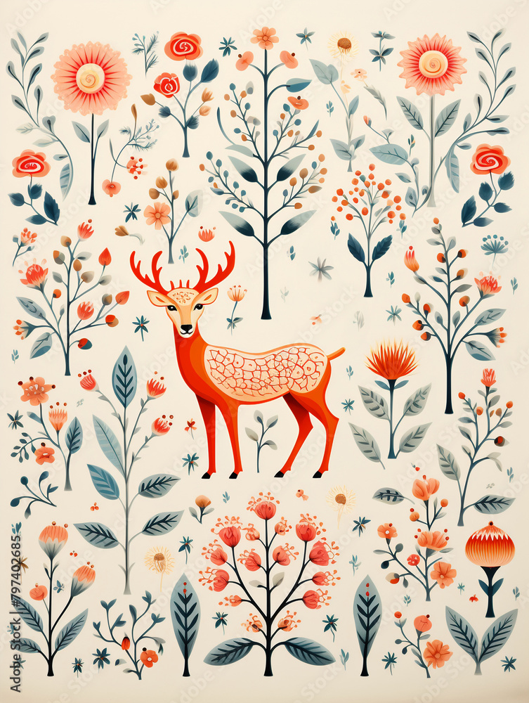 Charming wildlife of deer patterns, folk art, serene palette , illustration Charming wildlife of deer patterns, folk art, serene palette , illustration