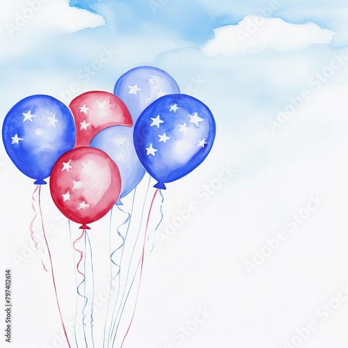 Fourth of July, festive balloons, watercolor