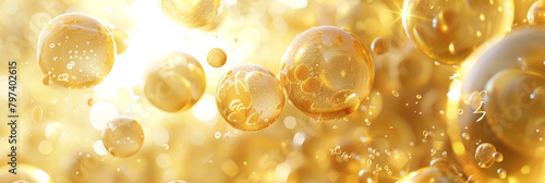 Golden yellow abstract oil bubbles or face serum background. Oil and water bubbles .golden yellow Bubbles oil or collagen serum for cosmetic product, banner poster 