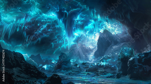 Crystalline ice caves aglow with the ethereal hues of a subterranean aurora, a hidden wonderland veiled beneath the frosty embrace of a winter's night. photo