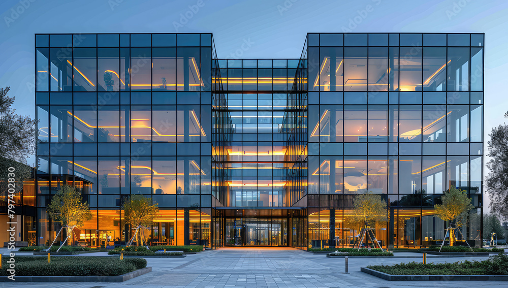 A large office building made of glass, featuring an exterior with symmetrical design elements and rectangular windows. Created with Ai