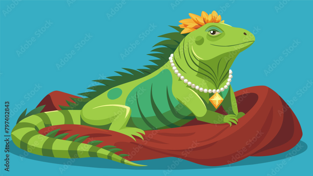A chic iguana basks in the sun on a plush velvet pillow while munching on handpicked organic greens and wearing a bejeweled collar for special. A chic iguana basks in the sun on a plush velvet pillow while munching on handpicked organic greens and wearing a bejeweled collar for special.