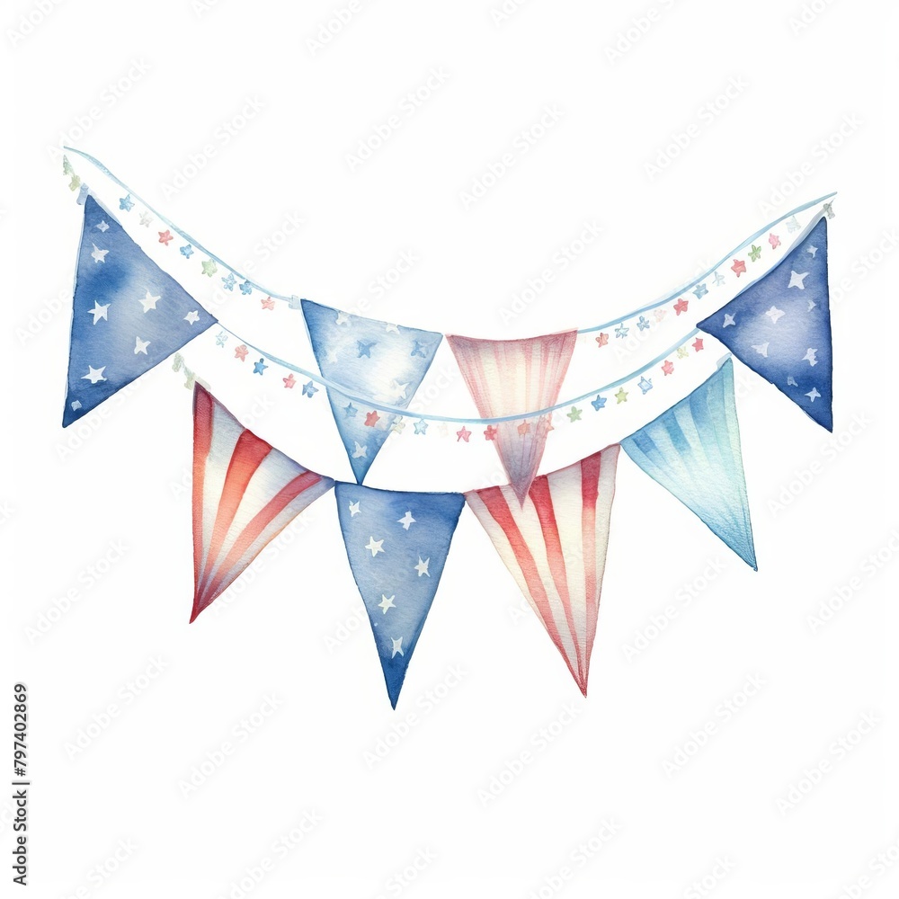 Fototapeta premium Fourth of July, colorful bunting, watercolor
