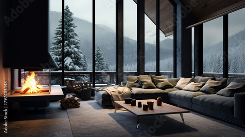 Illustration of a large country house, a modern house in a minimalist style, a large living room with contem furniture with a fireplace, large windows. Unusual interior, the house is located in the fo © A LOT ABOUT EVERYTHI