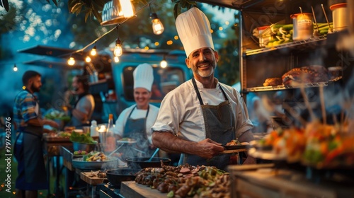 Culinary exploration: chefs at the chefs table offering gourmet delights alongside the enticing aromas of a bustling food truck gathering photo