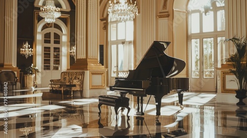 A piano on a luxurious stage in the room