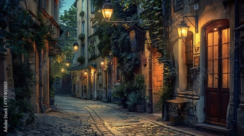 A picturesque view of a cobbled street winding through a historic district  surrounded by centuries-old architecture and vintage street lamps  creating a romantic ambiance