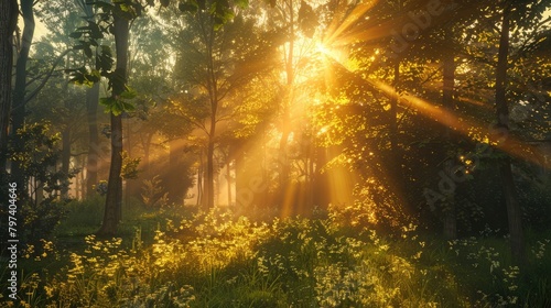 Golden hour sunlight streaming through forest