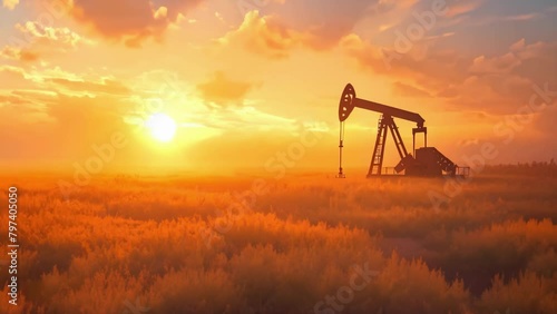 The Symbolic Representation of Fossil Fuel Pollution: Oil Pump Jack Extracting Crude Oil in a Field. Concept Environmental Conservation, Fossil Fuel Industry, Pollution Concerns photo