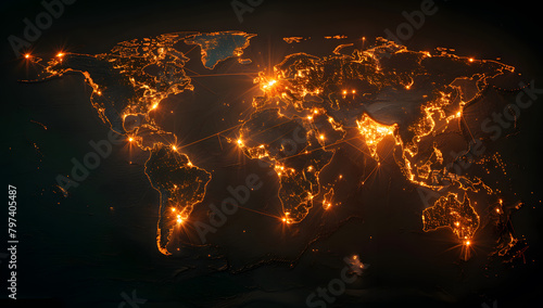An illuminating display of earth's warmth and vitality, captured in a fiery map adorned with amber lights, highlighting the natural beauty and power of our world