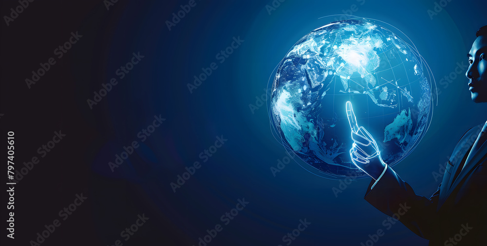 Fototapeta premium Digital businessman touching virtual network Earth globe