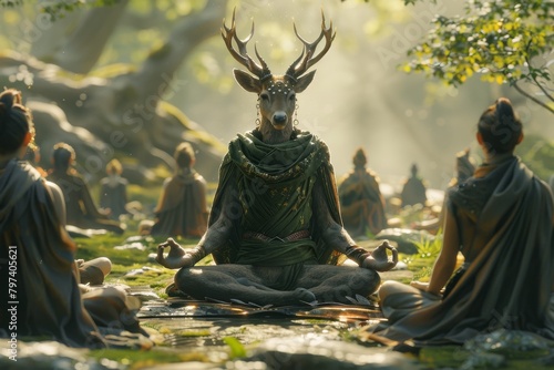 Mystical deer-headed figure meditating in enchanted forest