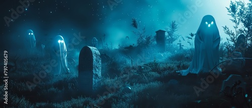 A dark and foggy graveyard at night. Tombstones and ghosts are barely visible in the darkness.