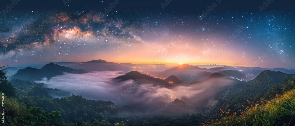 Panoramic landscape of a starry night sky over a mountain range with a bright, glowing moon and a sea of clouds below. The foreground is a dark mountain ridge with a few trees.