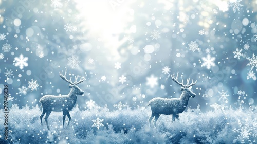 Two deer standing in a snowy forest. The sun is shining through the trees. The snow is falling heavily.