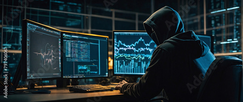 hacking with a mesmerizing depiction of an anonymous hacker, their back presented in a half-turn, wearing a hoodie, seated in front of a commanding monitor, engrossed in the process of deciphering