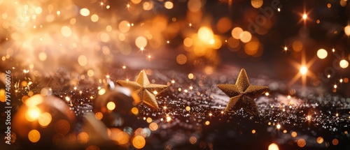 Sparkling lights and festive icons create a joyful Christmas vibe on this banner background concept 3D with copy space