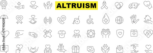 Altruism icon, charity volunteer icons set, inclusive society symbols, healthcare, protection, accessibility, global aid, social issues, kindness, generosity themes on white background
