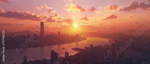 An aerial view of a city at sunset. The sky is orange and the sun is setting. The city is full of tall buildings and skyscrapers.