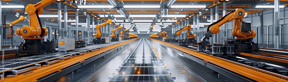 An orange robotic arm assembly line in a factory