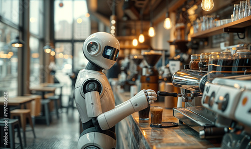white humanoid robot making coffee in a cafe, robot barista photo