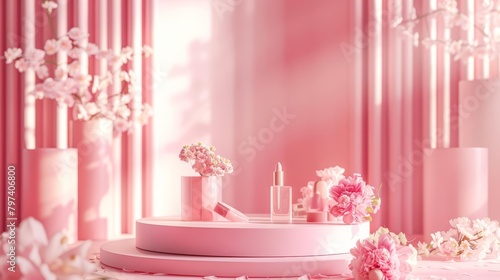 Pink and white flowers on a pink background with a pink podium in the center.