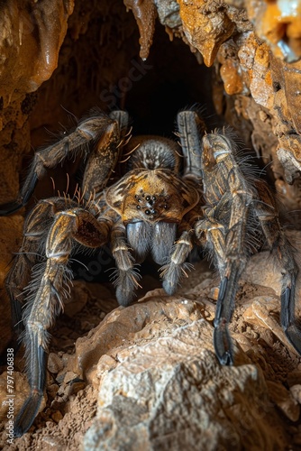 Intimidating tarantula lurking in cave