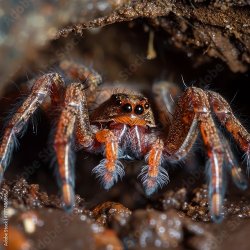 Macro close-up of a jumping spider on soil