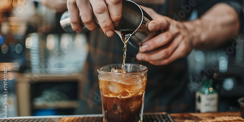  Bartender pouring iced coffee into glass at a cafe. photo