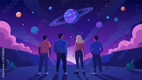 The vastness of the night sky only heightened the groups sense of wonder as they delved into the metaphysical implications of the multiverse theory.. Vector illustration