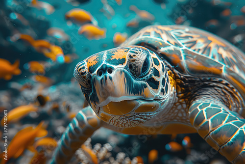  A closeup shot of an intricate sea turtle with vibrant blue and green patterns. Created with AI © zee