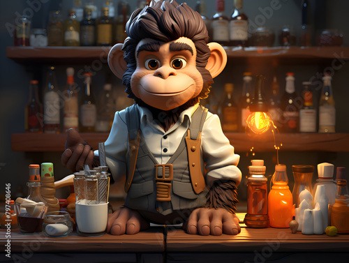 3D illustration of a monkey as a pirate at a bar counter photo