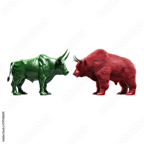 Bull vs bear in red and green color showcasing competition in exchange and crypto markets isolated on transparent background